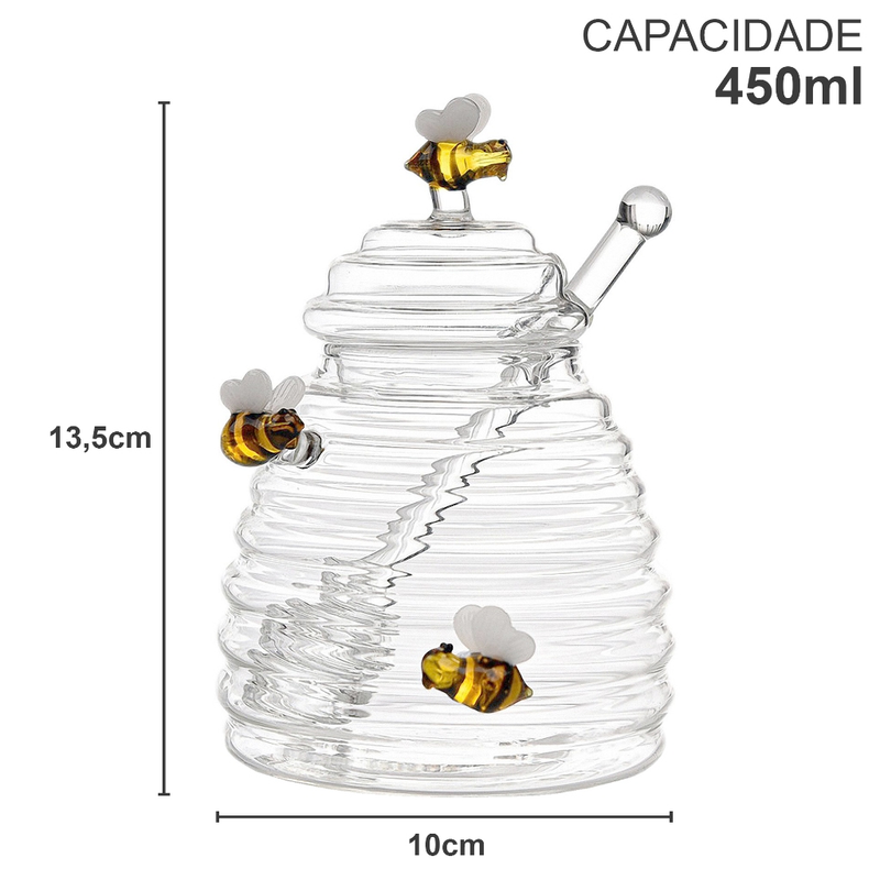 Meleira de Vidro Cristal 450ml com Pegador Pote Porta Mel Com Dosador e Tampa