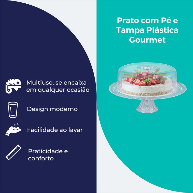 Boleira de Vidro Com Pé e Tampa Acrílica Gourmet Suporte Para Bolo, Doces e Sobremesas - Ruvolo