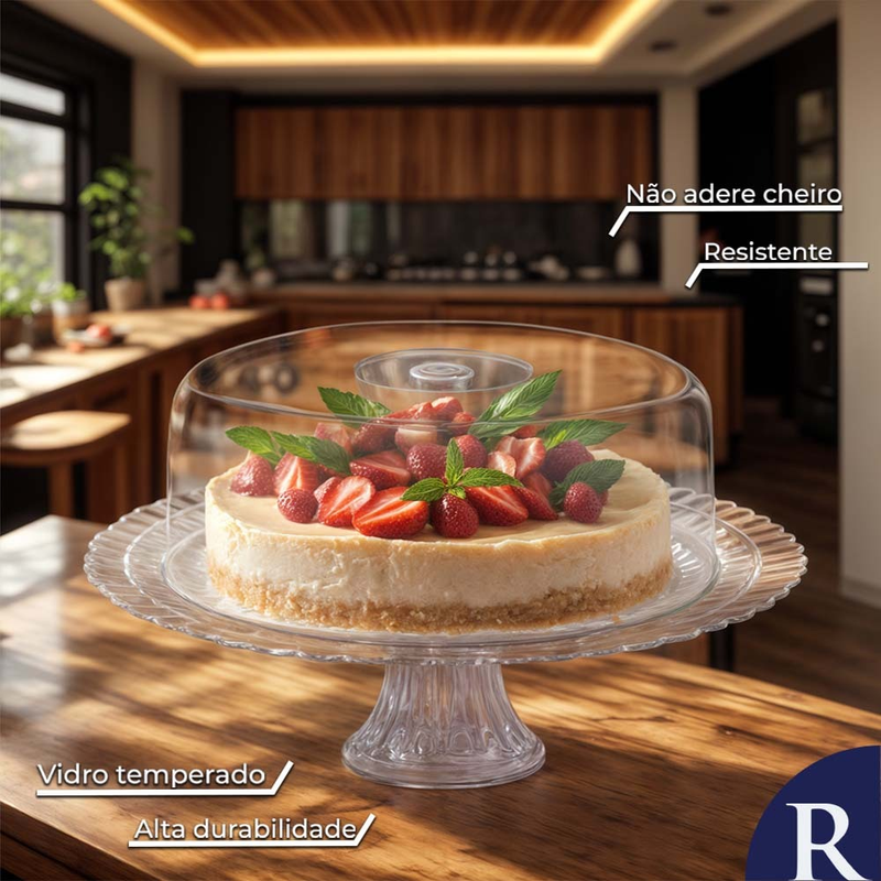 Boleira de Vidro Com Pé e Tampa Acrílica Gourmet Suporte Para Bolo, Doces e Sobremesas - Ruvolo