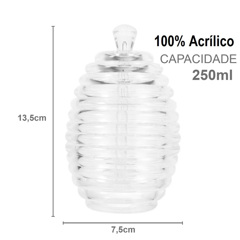 Meleira de Vidro Cristal 450ml com Pegador Pote Porta Mel Com Dosador e Tampa