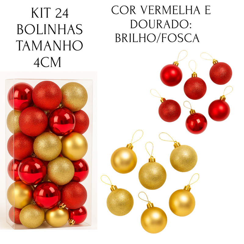 KIT 12 BOLINHAS KIT 24 BOLINHAS DE NATAL BOLAS DE ENFEITE 4CM E BRILHOSA COR DOURADA VERMELHO OU MESCLADO 4CM MIX BOLAS