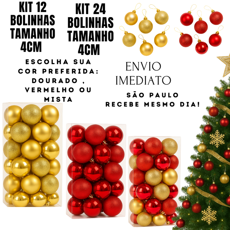 KIT 12 BOLINHAS KIT 24 BOLINHAS DE NATAL BOLAS DE ENFEITE 4CM E BRILHOSA COR DOURADA VERMELHO OU MESCLADO 4CM MIX BOLAS