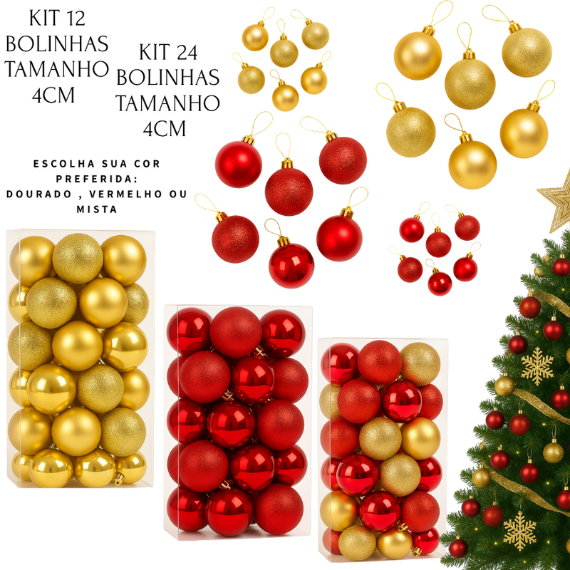 KIT 12 BOLINHAS KIT 24 BOLINHAS DE NATAL BOLAS DE ENFEITE 4CM E BRILHOSA COR DOURADA VERMELHO OU MESCLADO 4CM MIX BOLAS